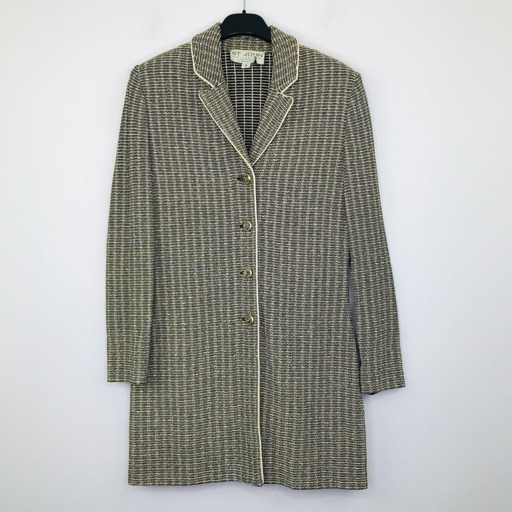 St John Women's 4 Blazer Jacket Beige Black Tweed Longline Collared Flaw CA7